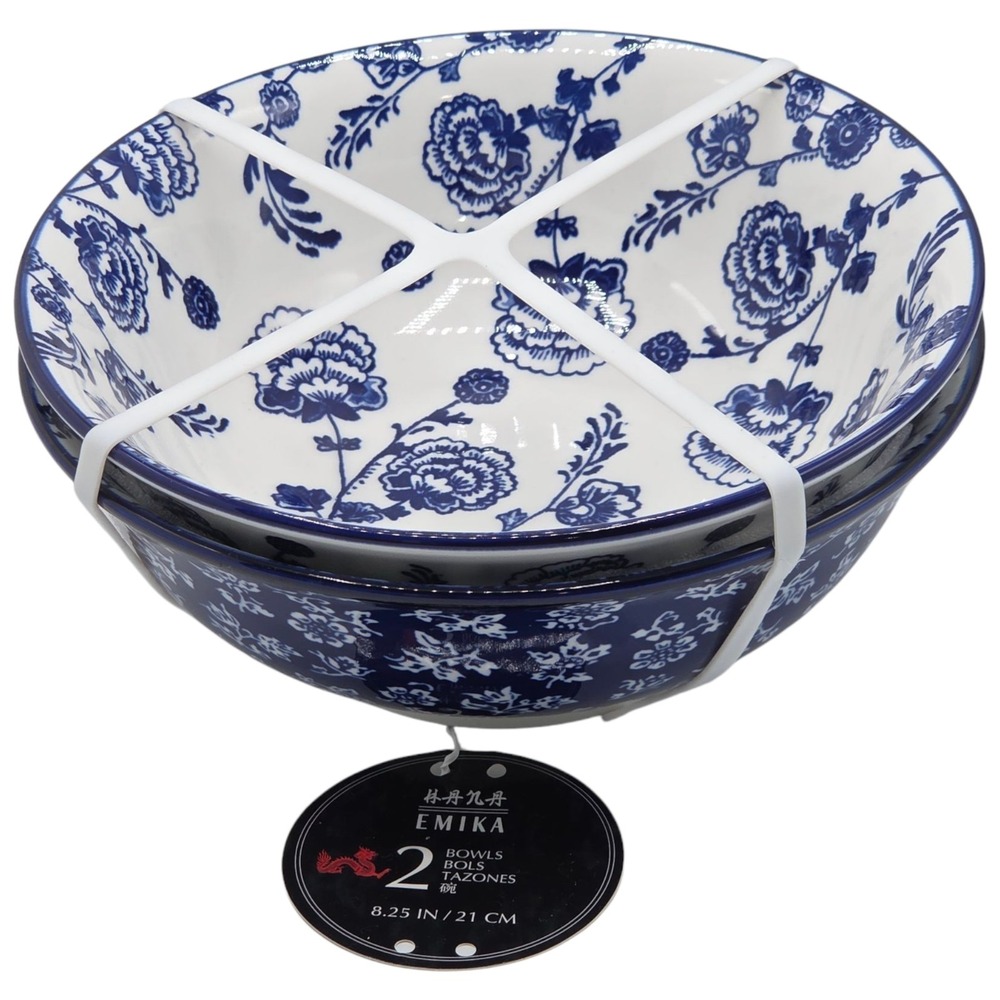 Emika Floral 8.25in  Asian‎ Ceramic Ramen Noodle Bowl Set Of 2pc White Blue